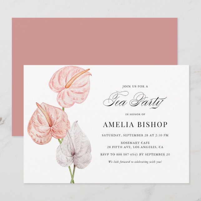 Boho Pink Watercolor Anthuriums Tea Party Invitation (Front/Back)