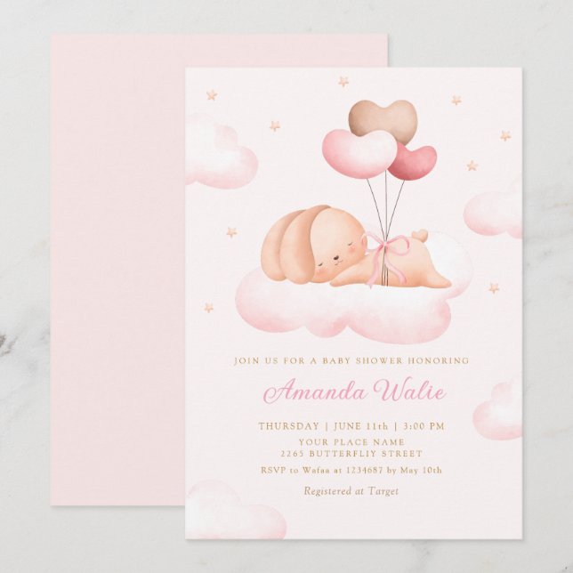 Boho Pink Watercolor Cute Balloon Girl Baby Shower Invitation (Front/Back)