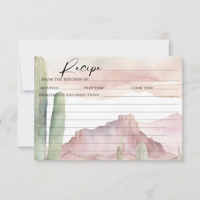 Boho Pink Watercolor Desert Cactus Recipe Card (Front)