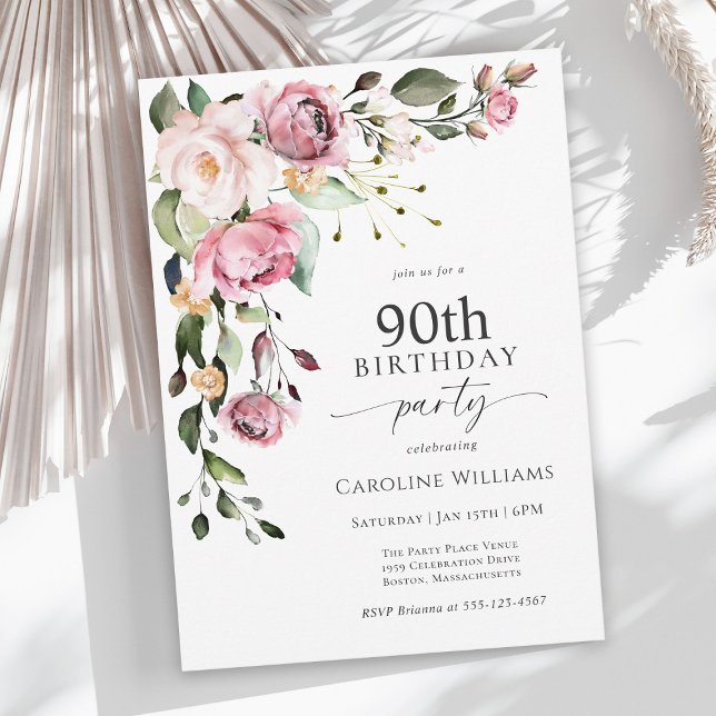Boho Pink Watercolor Floral 90th Birthday Party Invitation (Creator Uploaded)