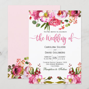 Boho Pink Watercolor Floral Typography Wedding Invitation