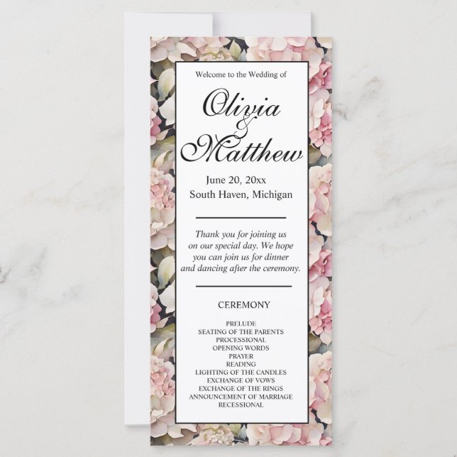 Boho pink watercolor hydrangeas Wedding program (Front)