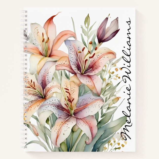 Boho Pink Watercolor Lilies | Personalised Name Notebook (Front)