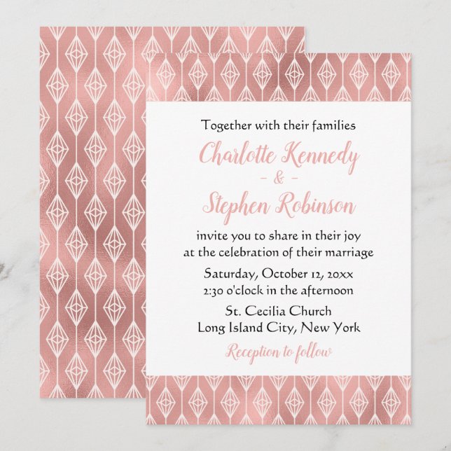 Boho Pink Wedding Rose Gold Tribal Diamonds Invitation (Front/Back)
