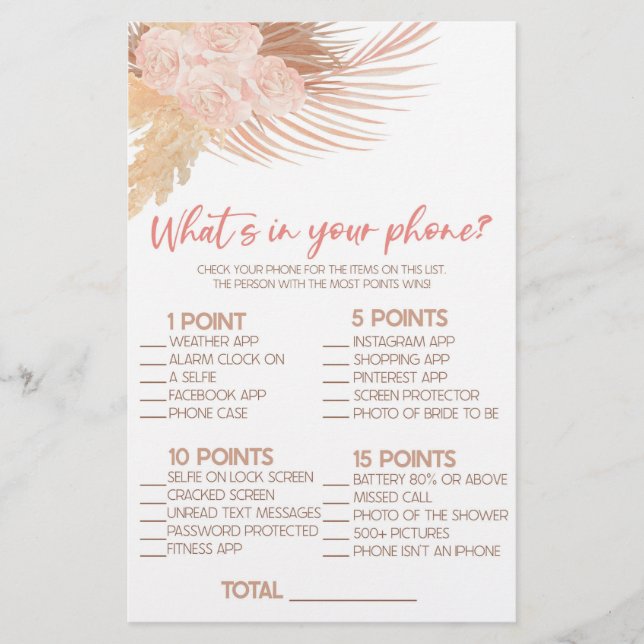 Boho Pink What's In Phone Bridal Shower Game Stationery (Front)