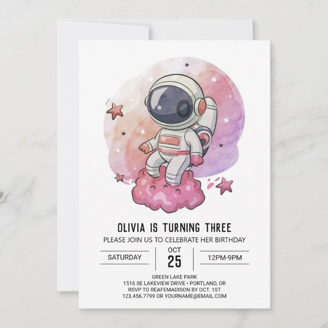 Boho Pink Whimsy Astronaut Birthday Invitation (Front)