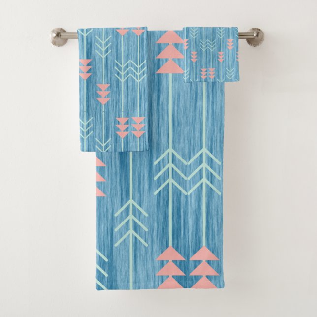 Boho Pink White and Blue Arrow Bath Towel Set (Insitu)