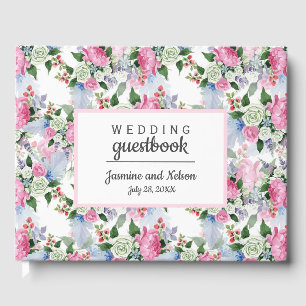 Boho Pink White blue Wedding Personalised Flower Guest Book