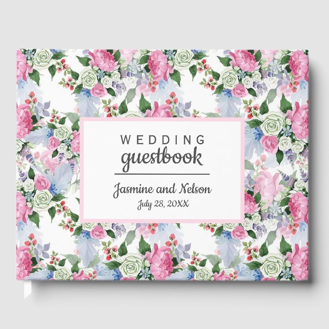 Boho Pink White blue Wedding Personalised Flower Guest Book (Front)