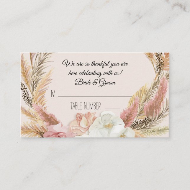 Boho Pink White Floral Pampas Grass Place Cards (Front)