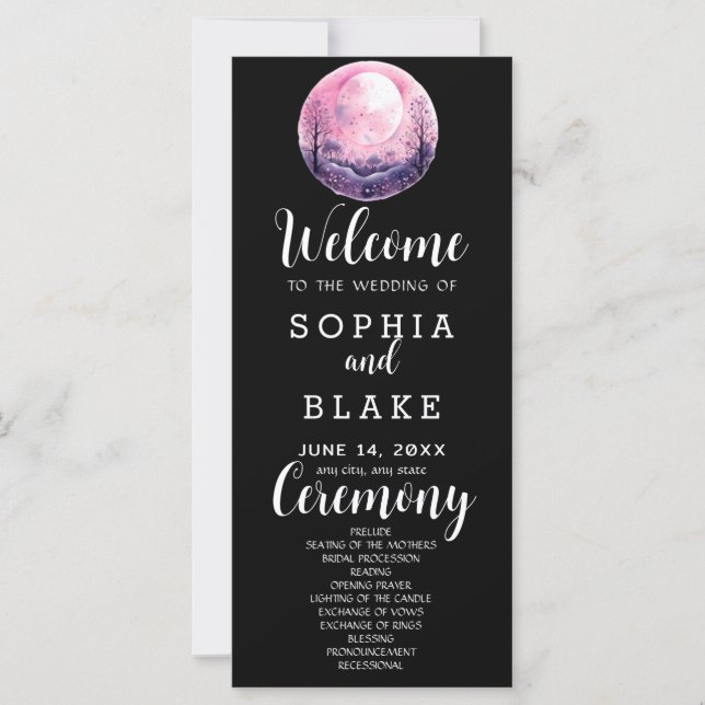 Boho Pink & White Full Moon Black Wedding Program (Front)