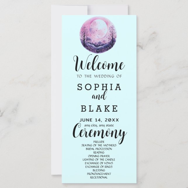 Boho Pink & White Full Moon Blue Wedding Program (Front)