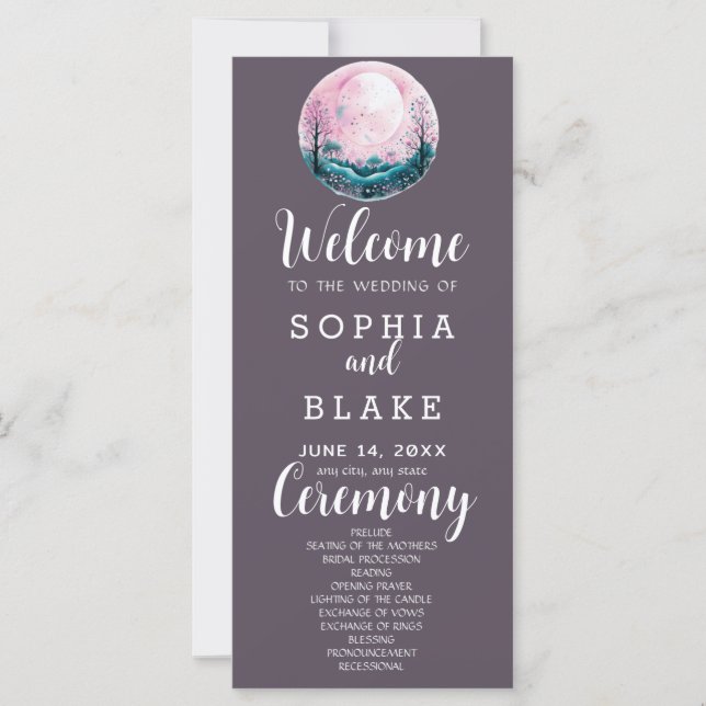 Boho Pink & White Full Moon Grey Wedding Program (Front)