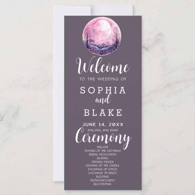 Boho Pink & White Full Moon Grey Wedding Program (Front)