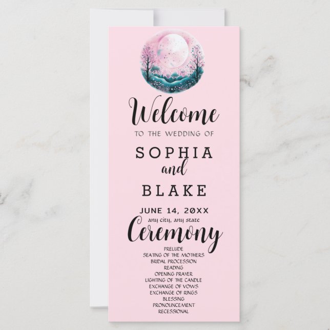 Boho Pink & White Full Moon Pink Wedding Program (Front)