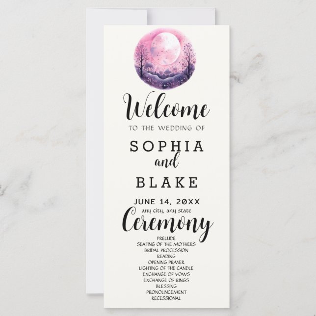 Boho Pink & White Full Moon White Wedding Program (Front)