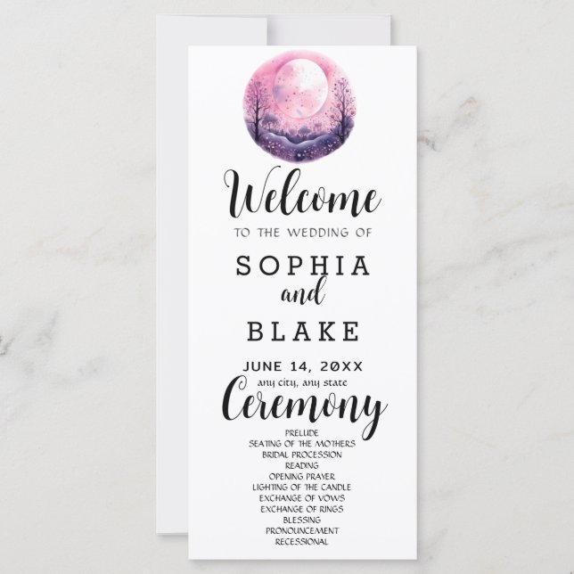 Boho Pink & White Full Moon White Wedding Program (Front)