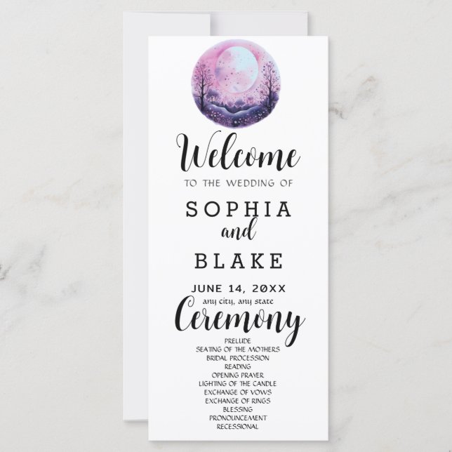 Boho Pink & White Full Moon White Wedding Program (Front)