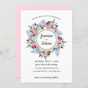Boho  Pink White Lavender Flowers frame Wedding Invitation
