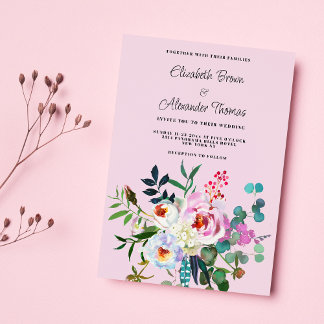 Boho pink white mint green peony floral wedding invitation