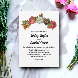 Boho Pink White Red Roses Floral Elegant Wedding Invitation