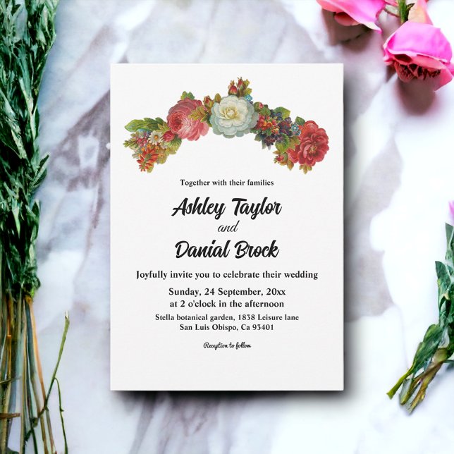 Boho Pink White Red Roses Floral Elegant Wedding Invitation (Creator Uploaded)