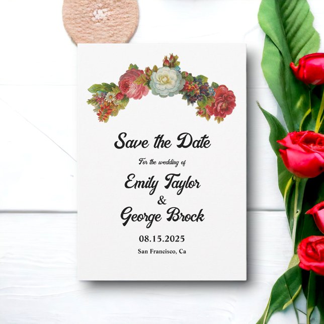 Boho Pink White Red Roses Floral Elegant Wedding Save The Date (Creator Uploaded)