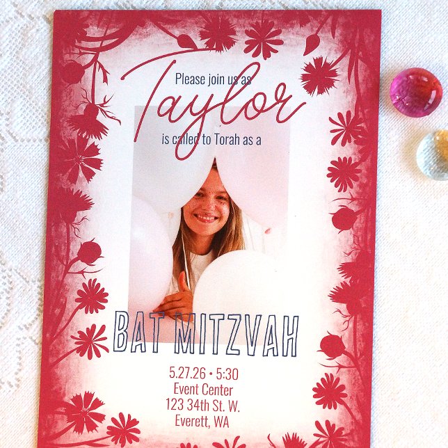 Boho Pink Wild Flowers Frame, Bat Mitzvah Photo Invitation (Botanical pink, floral pattern bat mitzvah photo invitations)