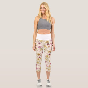 boho Pink Wildflower Watercolor Capri Leggings