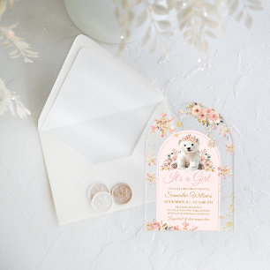 Boho Pink Winter Bear Its a Girl Baby Shower Acrylic Invitations