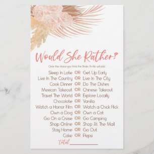 Boho Pink Would She Rather? Bridal Shower Game Stationery