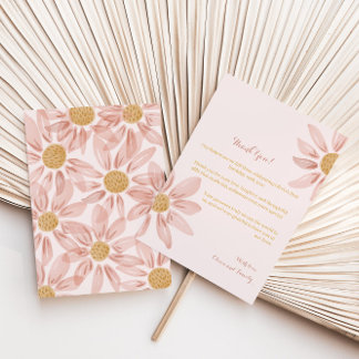 Boho Pink Yellow Daisy 1st Birthday Thank You Card