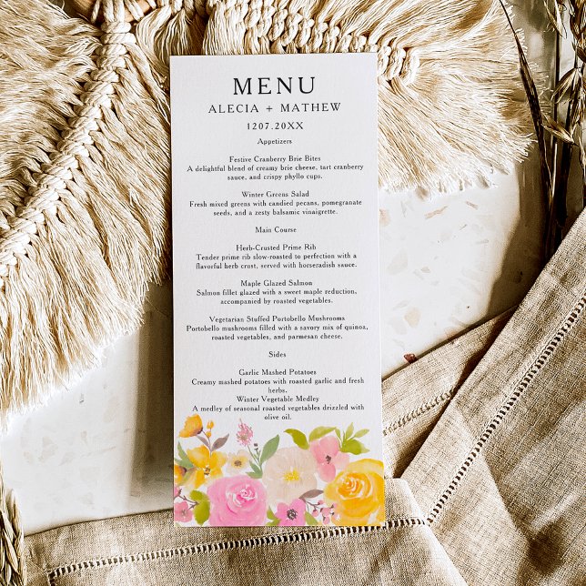 Boho pink yellow floral watercolor Wedding Menu (Boho pink yellow floral watercolor Wedding Menu)