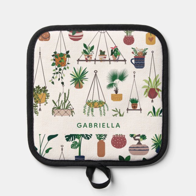 Boho Plant Lady Illustration Art Personalised Pot Holder (Front)