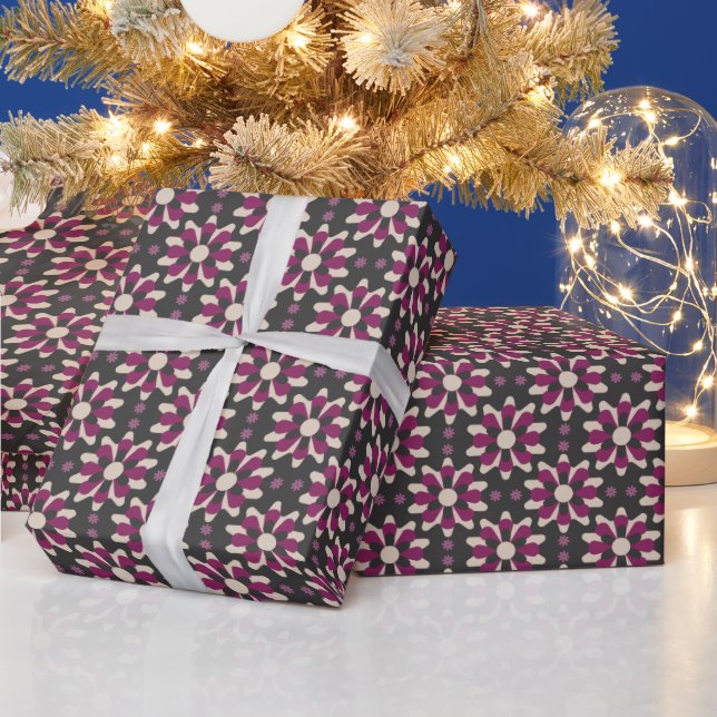 Boho Plum & Charcoal Geometric Floral Pattern Wrapping Paper (Holidays)
