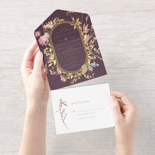 Boho Plum & Gold Wildflower Frame Wedding  All In One Invitation (Tearaway)