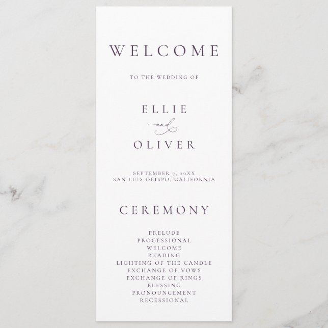 Boho Plum Purple Elegant Minimalist Wedding Programme (Front)