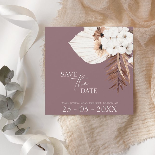 Boho Plum Purple White Pampas Grass Wedding Save The Date (Creator Uploaded)