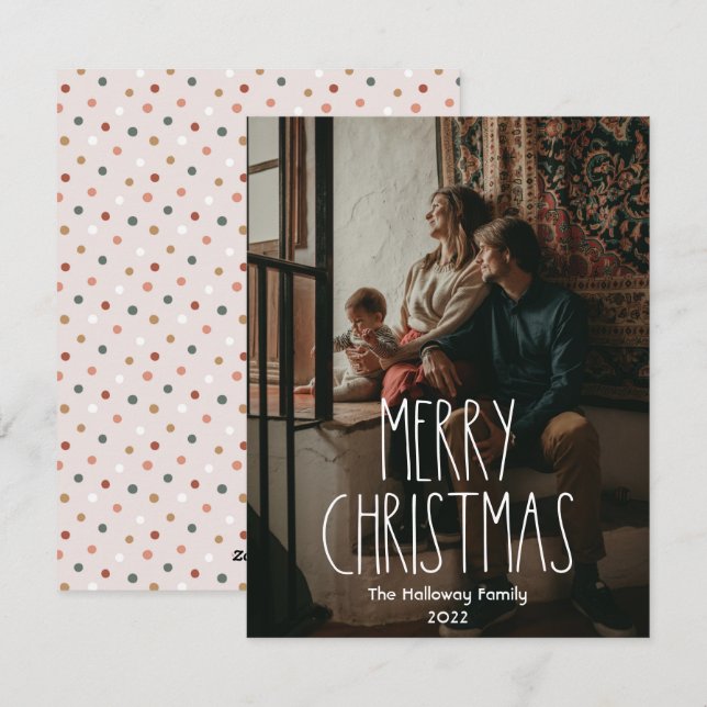 Boho Polka Dot Christmas Full Vertical Photo Holiday Card (Front/Back)