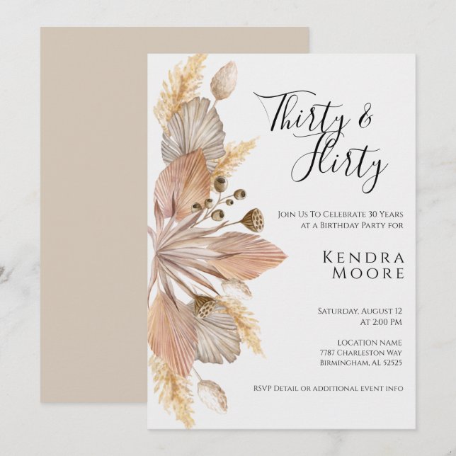 Boho Pompas Grass Thirty & Flirty Bday Invitation (Front/Back)