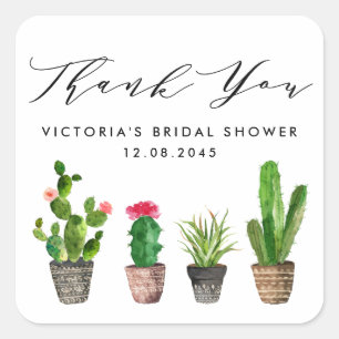Boho Potted Cactus Bridal Shower Thank You Square Sticker