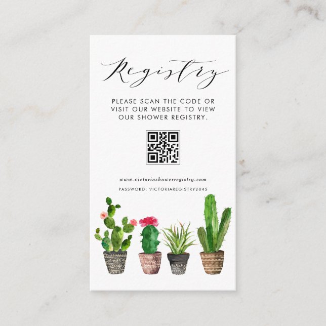 Boho Potted Cactus QR Code Baby Shower Registry Enclosure Card (Front)