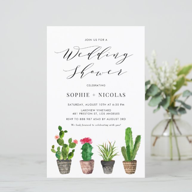 Boho Potted Cactus Wedding Shower Invitation (Standing Front)