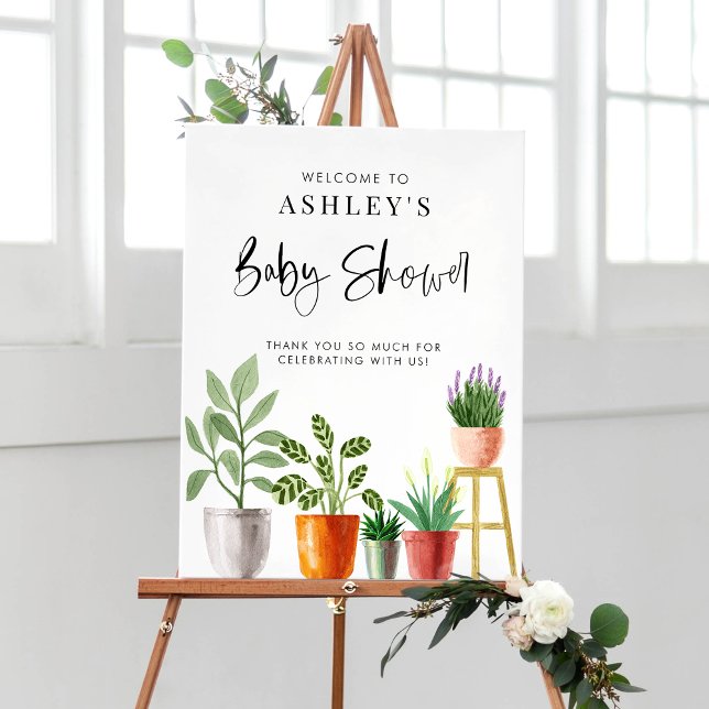 Boho Potted Houseplants Baby Shower Welcome Poster (Customizable boho baby shower welcome sign featuring watercolor potted houseplants. )