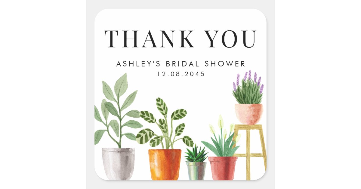 Boho Potted Houseplants Bridal Shower Thank You Square Sticker | Zazzle