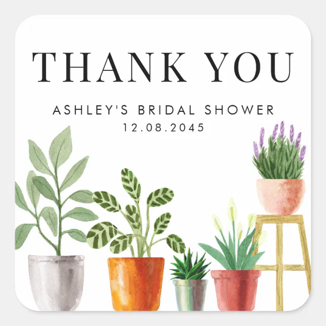 Boho Potted Houseplants Bridal Shower Thank You Square Sticker | Zazzle