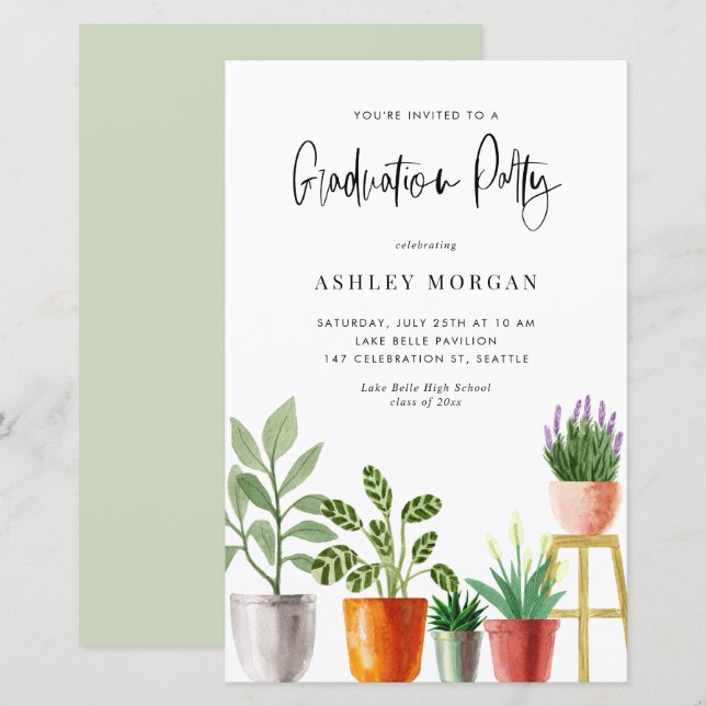 Boho Potted Houseplants Graduation Invitation (Front/Back)