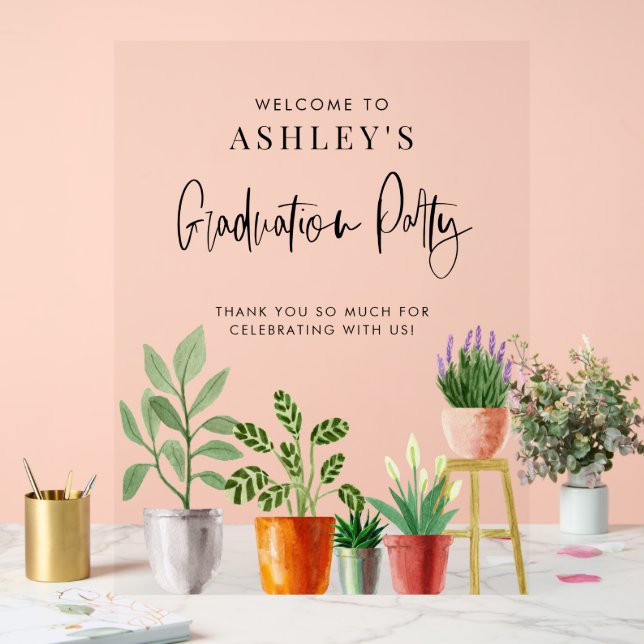 Boho Potted Houseplants Graduation Party Welcome Acrylic Sign (Wedding)