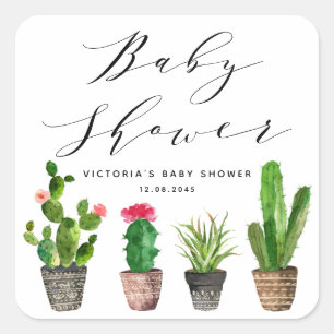Boho Potted Succulents and Cactus Baby Shower Square Sticker
