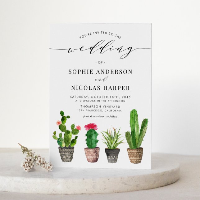 Boho Potted Succulents and Cactus QR Code Wedding Invitation Postcard (Boho Potted Succulents and Cactus QR Code Wedding Invitation Postcard)